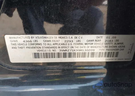 2009 Volkswagen Jetta Se из США, поврежденный, VIN 3VWRZ71K99M130209